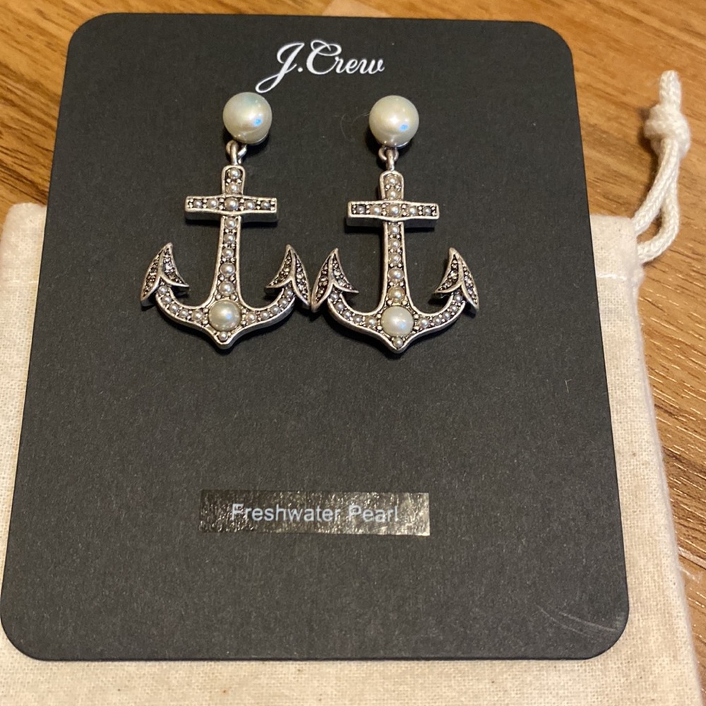 J.Crew Silver Anchor Drop Earrings with Pearls